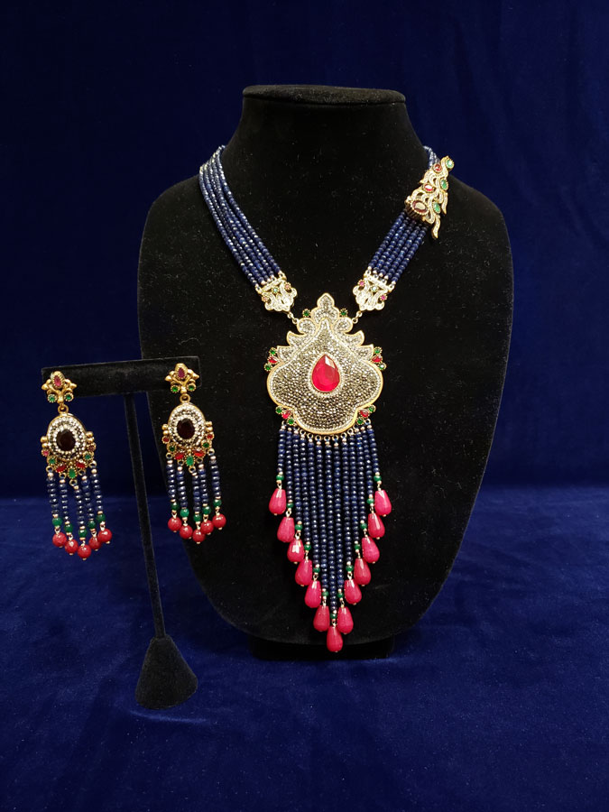 Turkish Tassel Necklace & Earring Set - Blue Beads